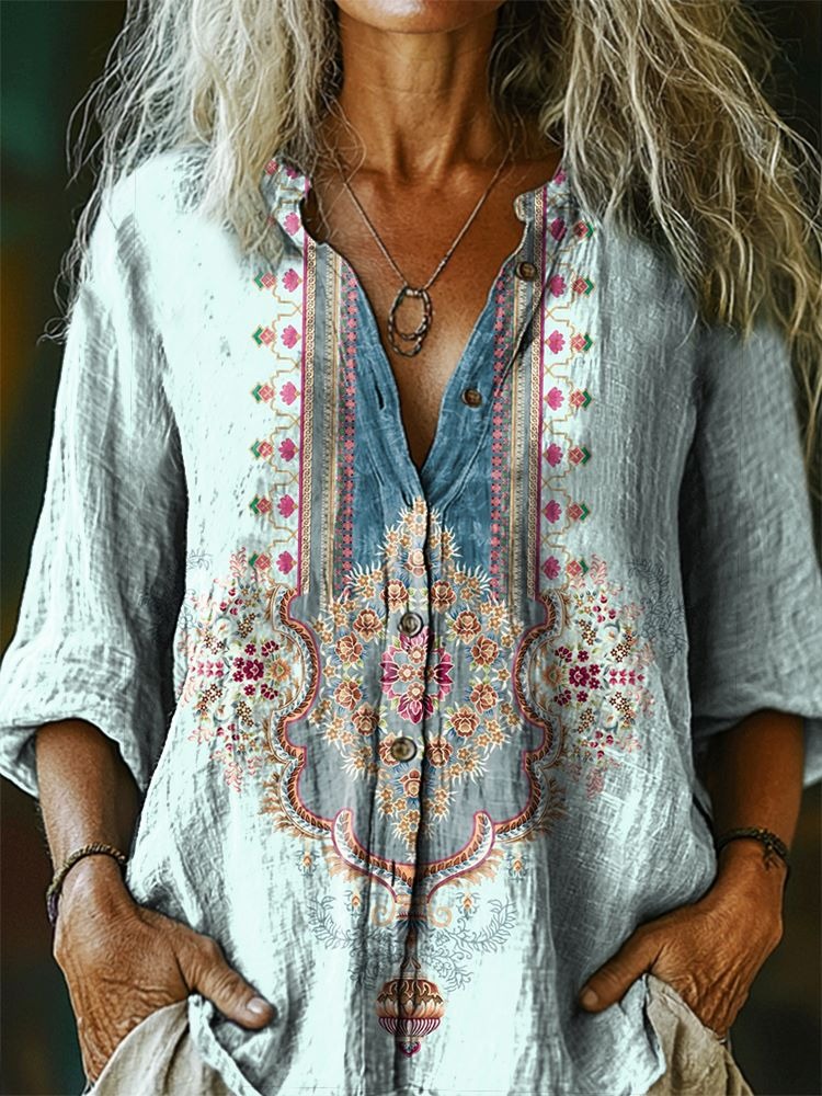 Women's Vintage Ethnic Embellished Patterns Art Printed Pockets V-Neck Cotton Dresses