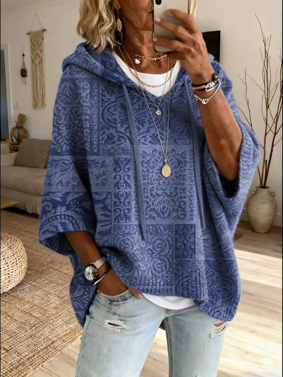 Women's Ethnic Patchwork Print Hooded Knit Sweater