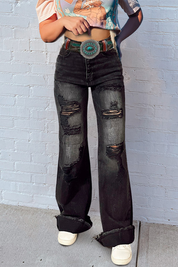 Vintage Wash Distressed Wide-Leg Jeans