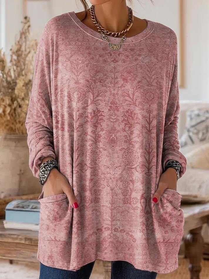 Women's Retro Ethnic Art Print Casual Long-Sleeve Round Neck Cotton T-Shirt