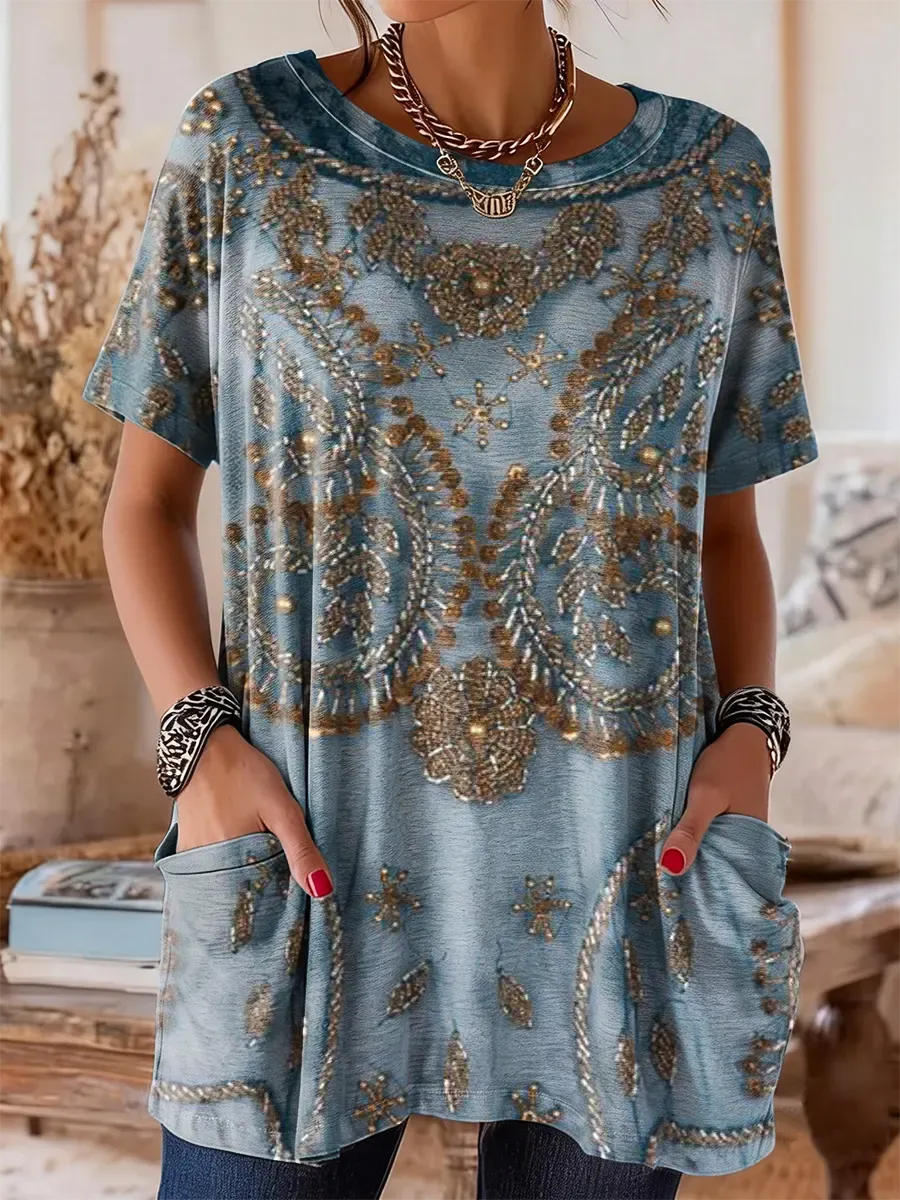 Women's Vintage Ethnic Floral Pattern Art Print Casual Short-Sleeve Cr