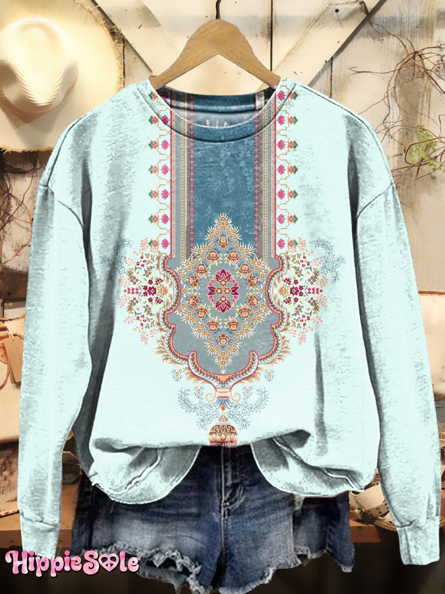 Women's Vintage Ethnic Embellished Patterns Art Printed Pockets V-Neck Cotton Dresses