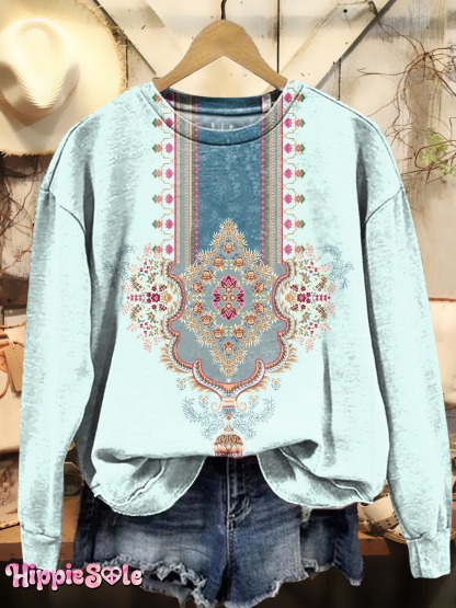 Women's Vintage Ethnic Embellished Patterns Art Printed Pockets V-Neck Cotton Dresses