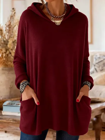 Women's Casual Knitted Pocket Hooded Tunic Top