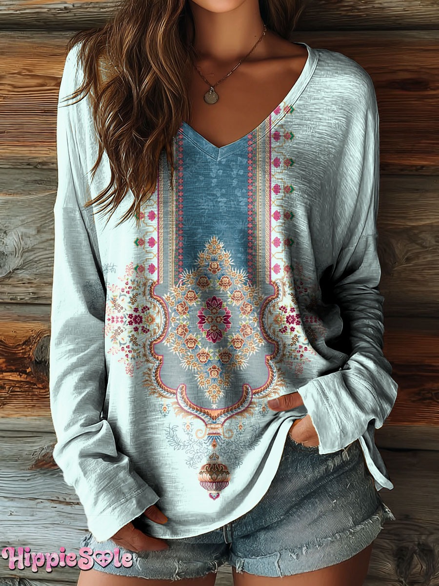Women's Vintage Ethnic Embellished Patterns Art Printed Pockets V-Neck Cotton Dresses