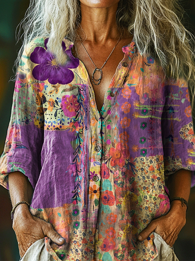 Women's Vintage Watercolor Flower Collage Art Print Casual Cotton And Linen Shirt