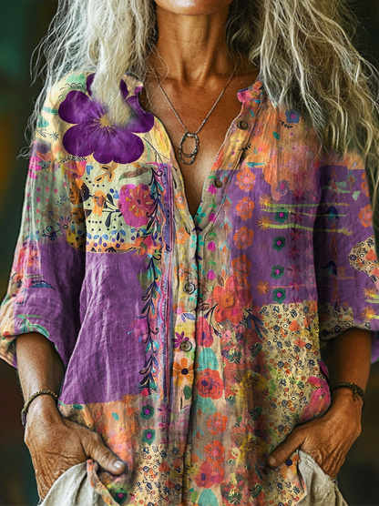 Women's Vintage Watercolor Flower Collage Art Print Casual Cotton And Linen Shirt