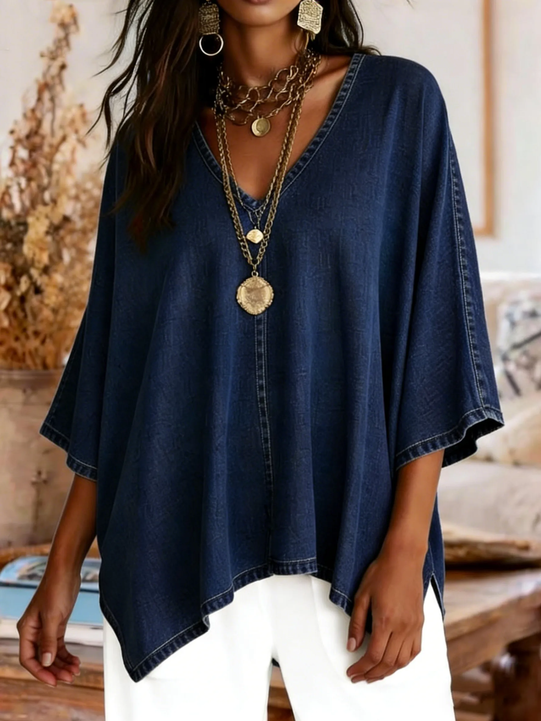 Women's Casual Washed Cotton Denim Top