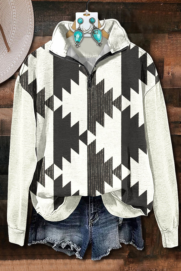Women's sweatshirt | Geometric Print Zipper Sweatshirt |Website-westernfeelings