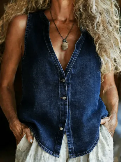 Women's Retro Casual V-neck Washed Cotton Denim Vest