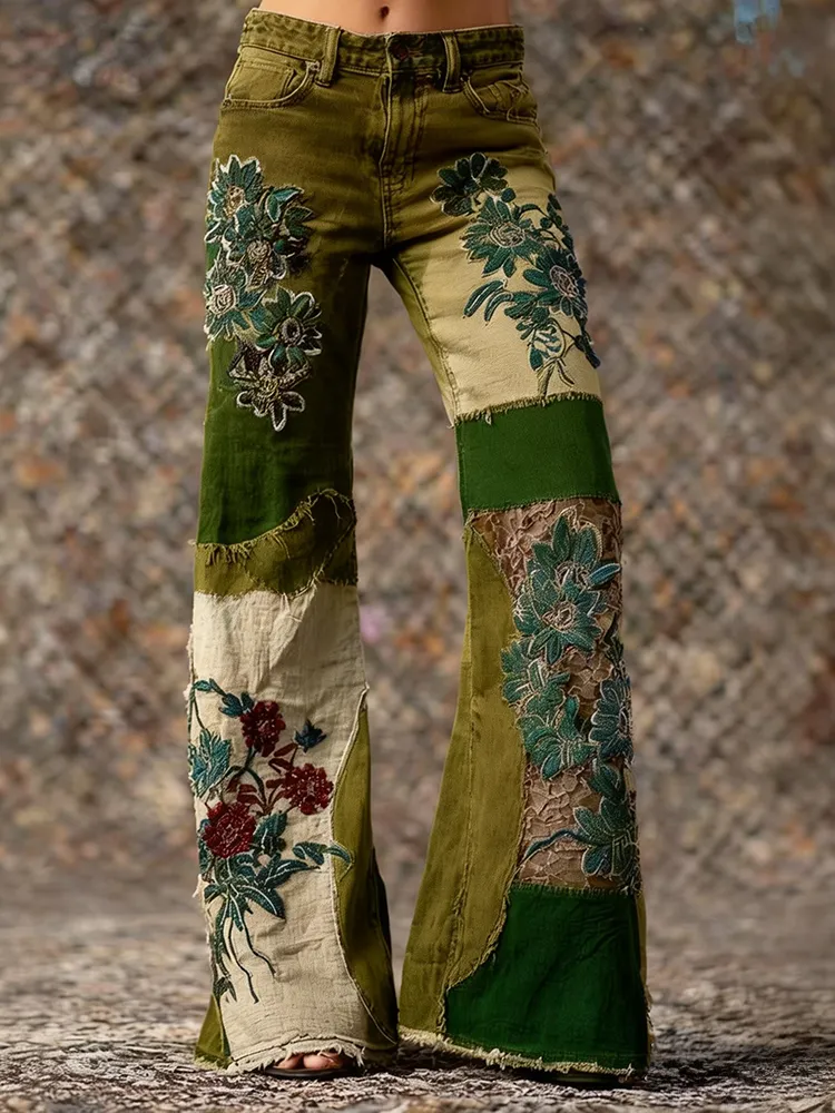 Women's Retro Bohemian Floral Art Print Casual Jeans