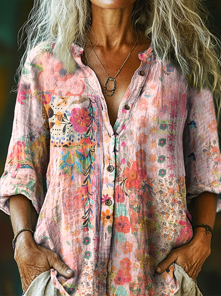 Women's Vintage Watercolor Flower Collage Art Print Casual Cotton And Linen Shirt