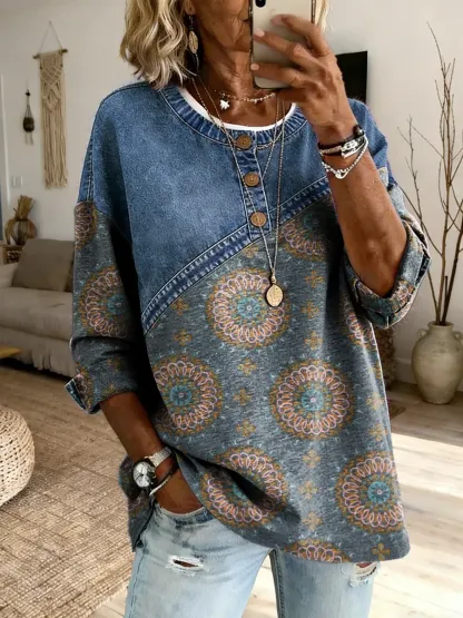 Women's Folk Floral Art Print Round Neck Button-Up Denim Patchwork Top