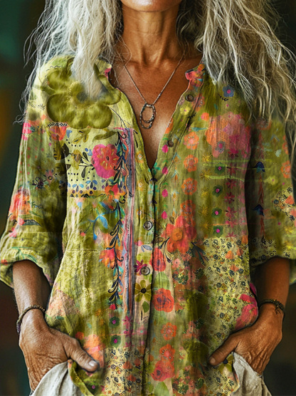 Women's Vintage Watercolor Flower Collage Art Print Casual Cotton And Linen Shirt