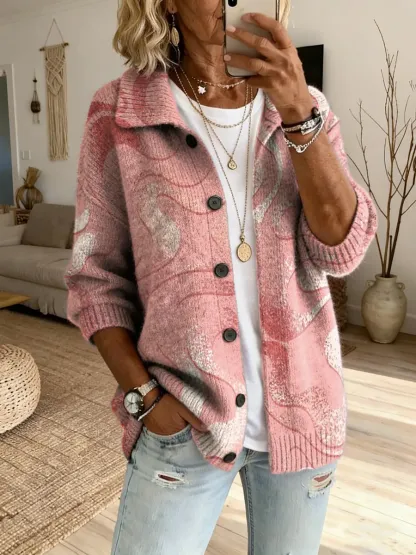 Women's Textured Print Button-Up Comfortable Knit Cardigan
