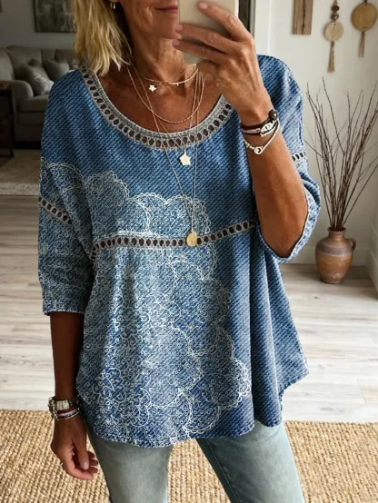 Women's Bohemian Style Floral Art Print Casual Round Neck Cutout Top