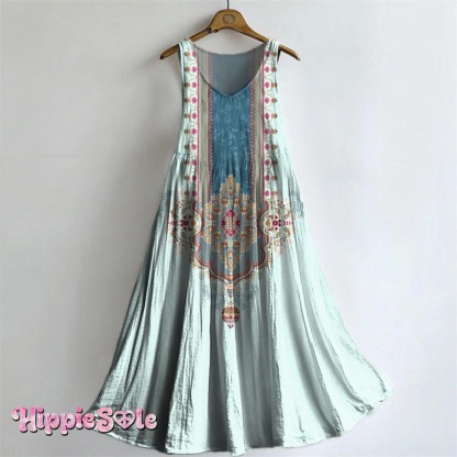 Women's Vintage Ethnic Embellished Patterns Art Printed Pockets V-Neck Cotton Dresses