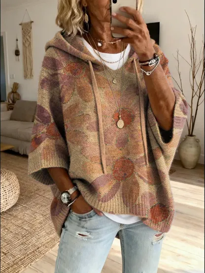 Women's Retro Floral Art Print Hooded Knit Sweater