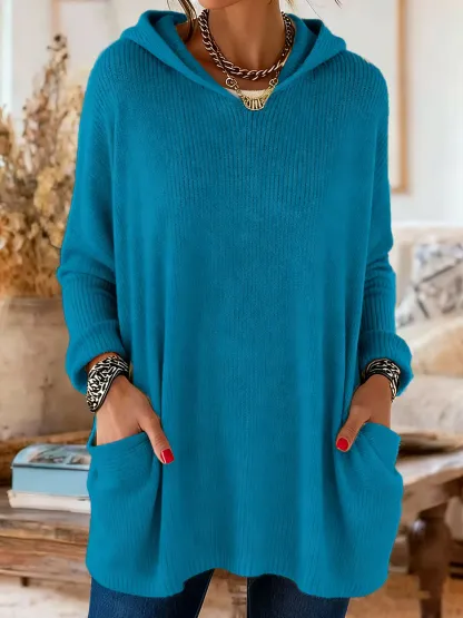 Women's Casual Knitted Pocket Hooded Tunic Top