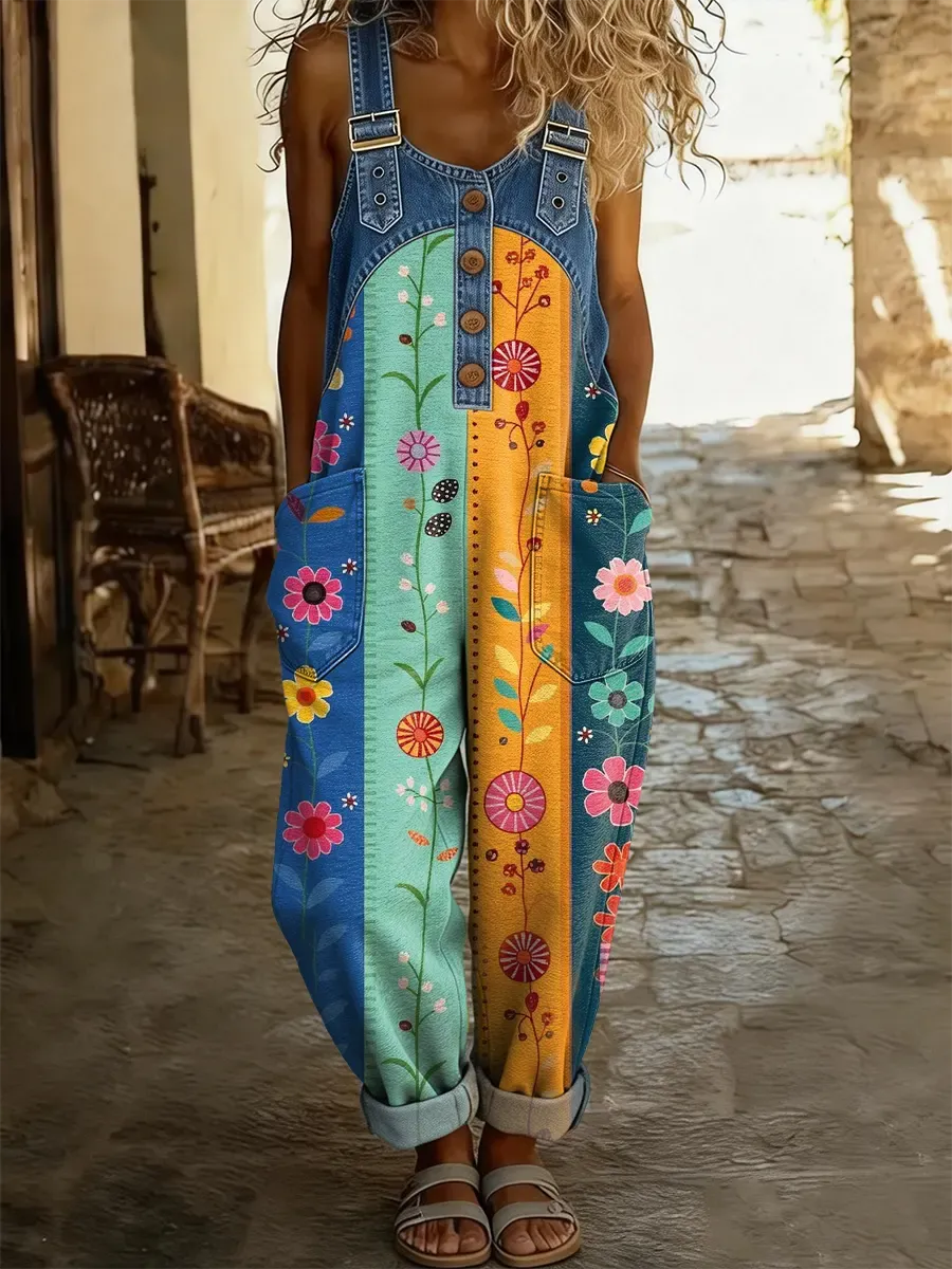 Women's Ethnic Style Colorful Floral Art Print Casual Washed Cotton De