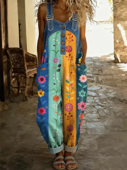 Women's Ethnic Style Colorful Floral Art Print Casual Washed Cotton Denim Patchwork Jumpsuit