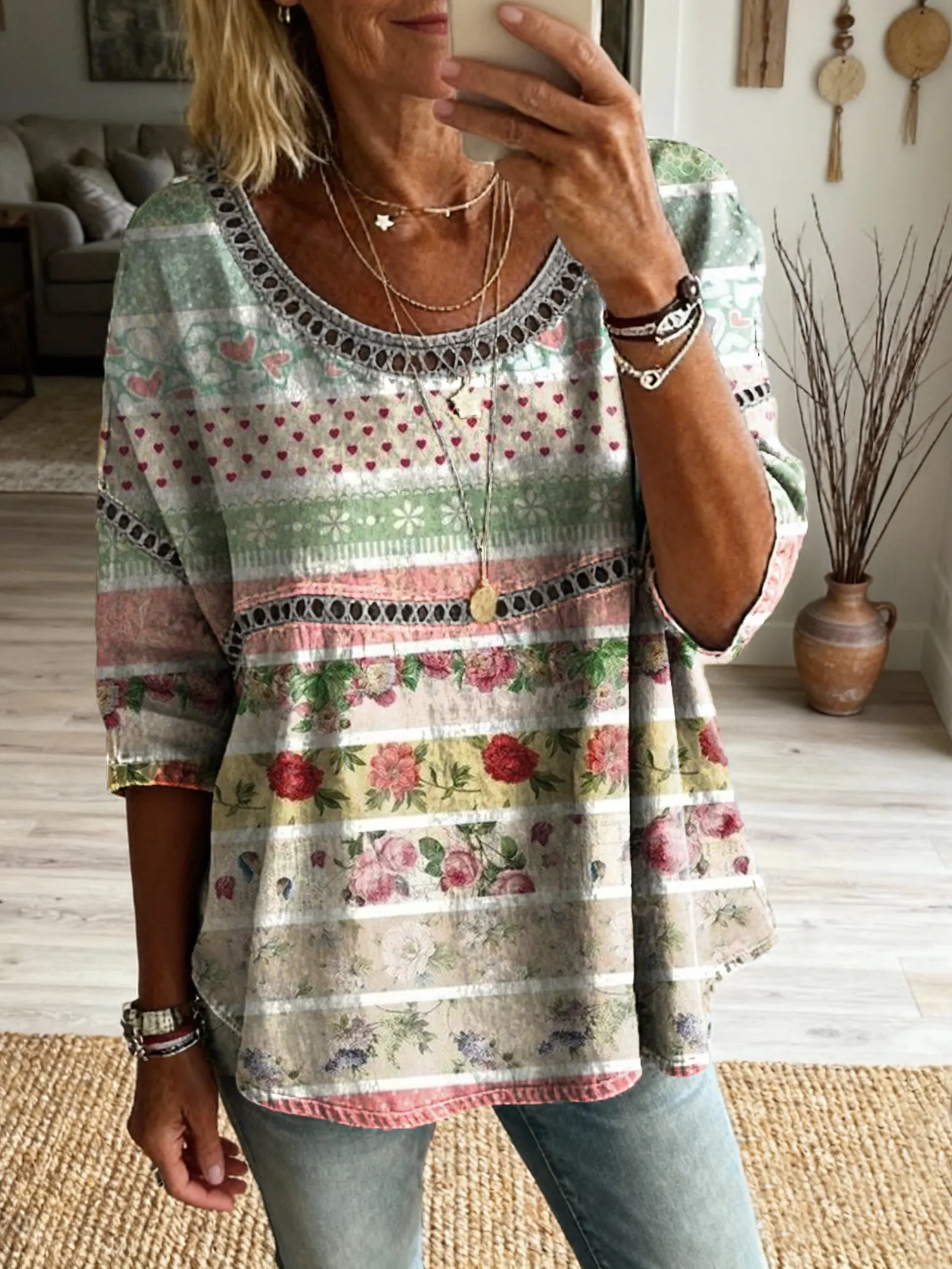 Women's Vintage Striped Floral Art Print Casual Round Neck Cutout Top