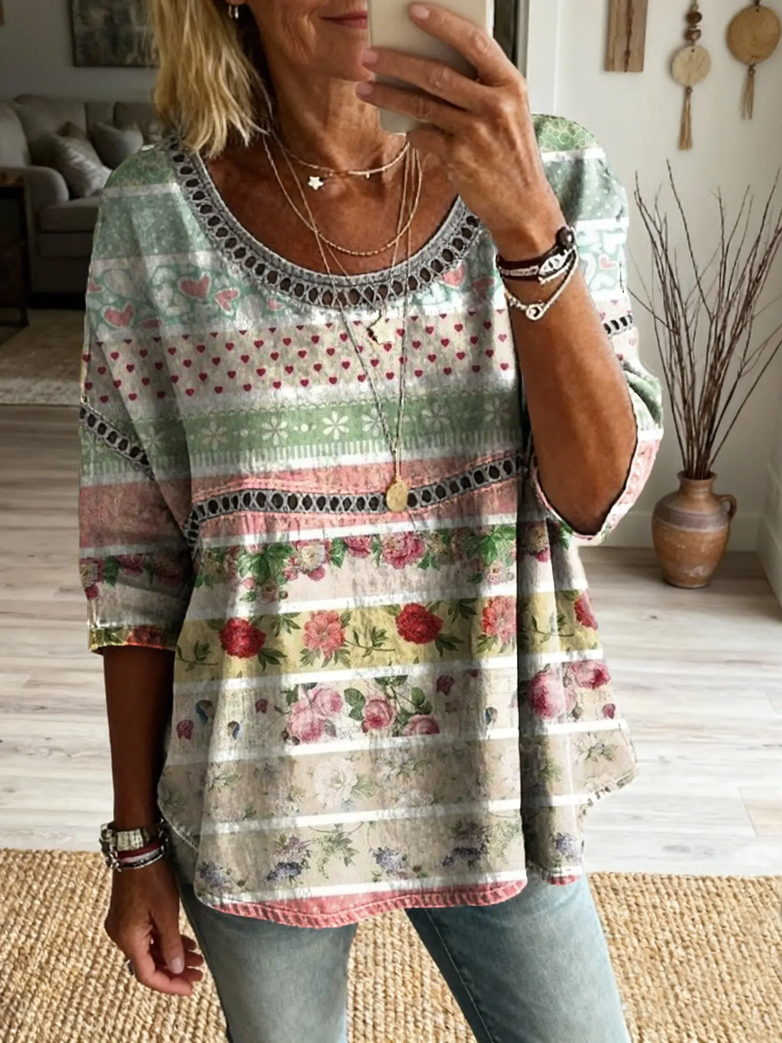 Women's Vintage Striped Floral Art Print Casual Round Neck Cutout Top