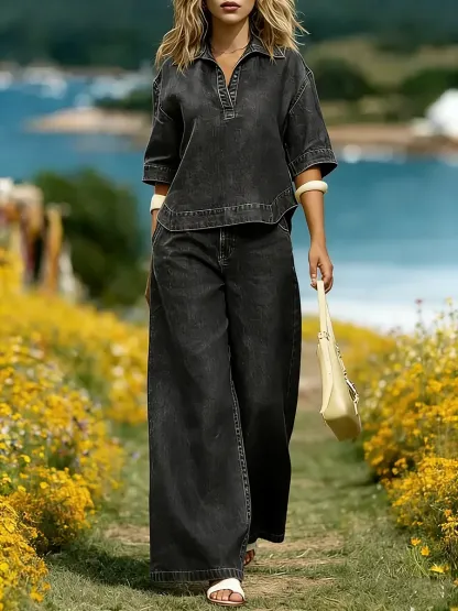 Women's Loose Denim Top And Wide-leg Jeans Set