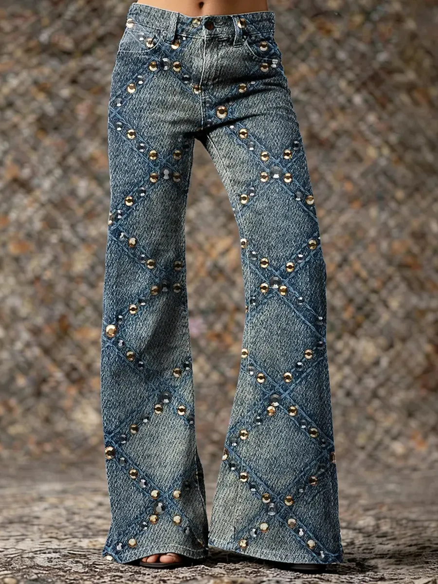 Women's Beaded Diamond Pattern Art Print Washed Denim Jeans