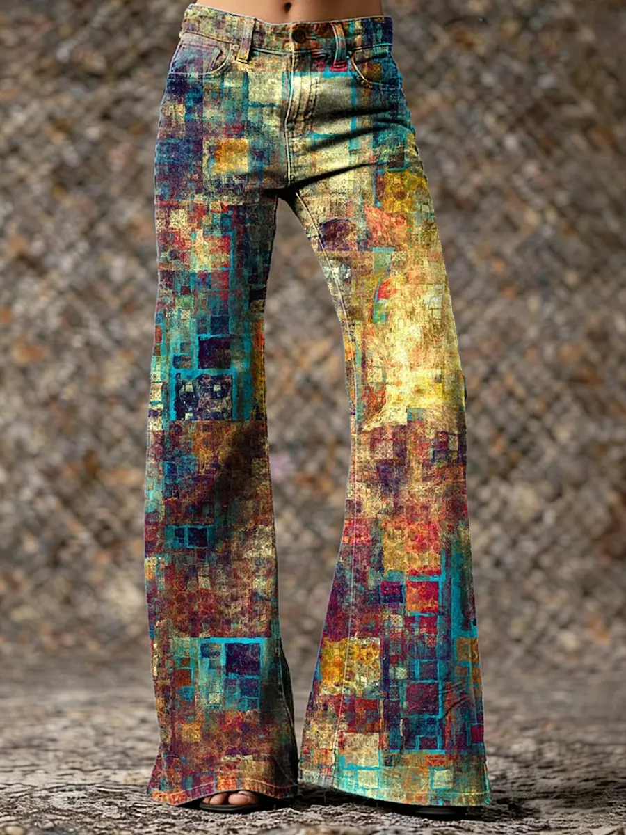 Women's Multicolor Tie-Dye Pattern Art Print Washed Denim Jeans