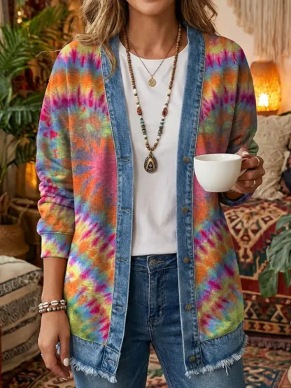 Ethnicity Colorful Tie Dye Love Women's Art Print Casual Long Sleeve Denim Patchwork Shirt Coat