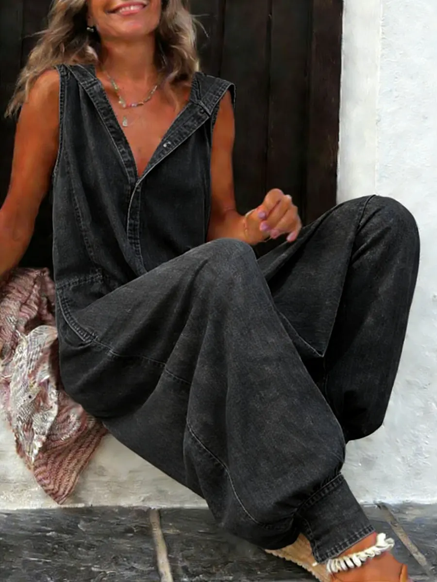 Women's Casual Fashion Sleeveless Hooded Denim Jumpsuit