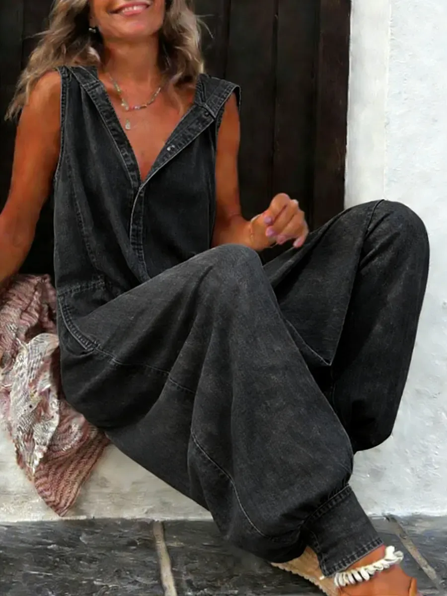 Women's Casual Fashion Sleeveless Hooded Denim Jumpsuit