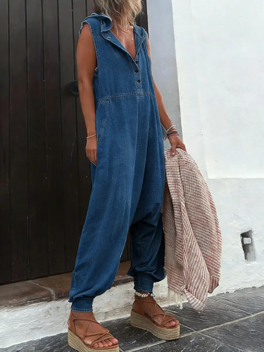 Women's Casual Fashion Sleeveless Hooded Denim Jumpsuit