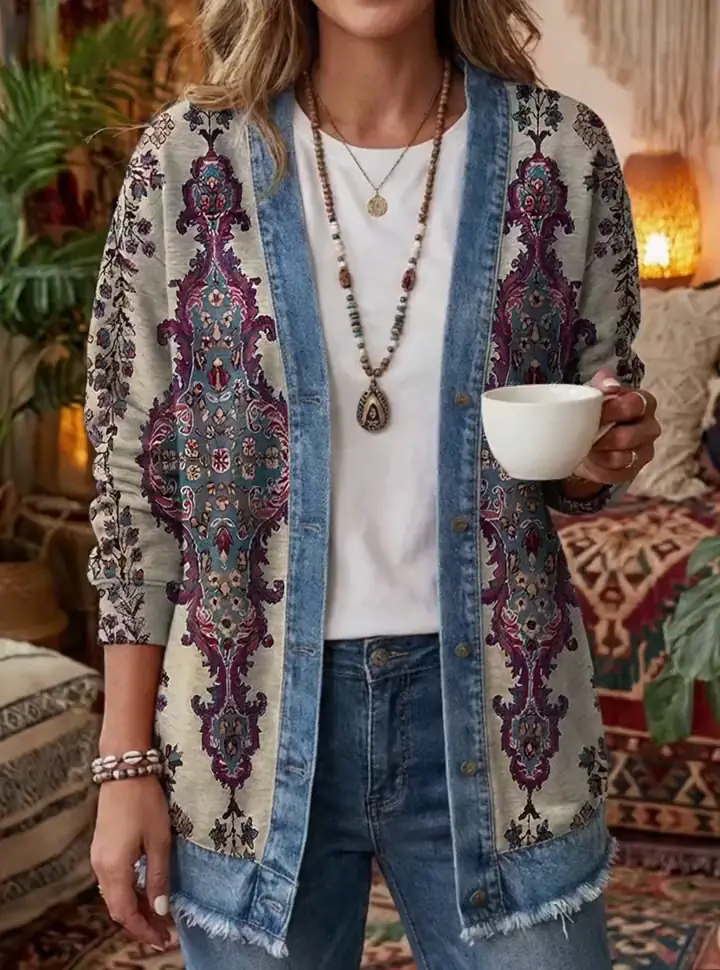 Women's Retro Bohemian Floral Art Print Casual Long-Sleeve Denim Cardigan Coat