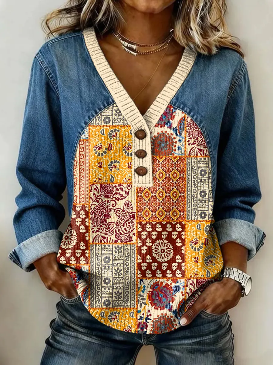 Women's Bohemian Floral Print Artistic Patterned Casual Long-sleeve V-neck Washed Cotton Denim Shirt