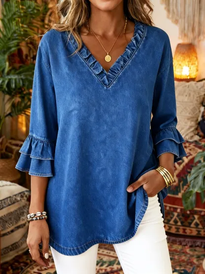 Women's Casual Ruffled Washed Cotton Denim Top