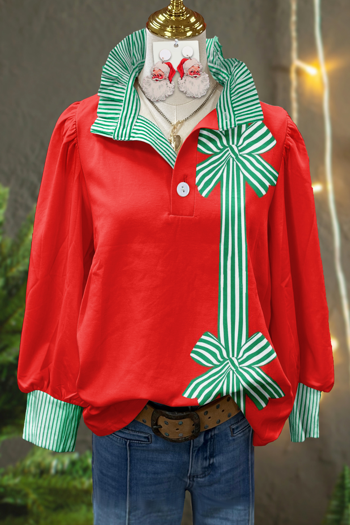 Christmas Bow Striped Blouse