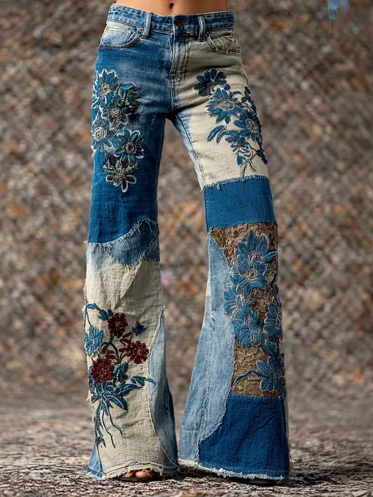 Women's Retro Bohemian Floral Art Print Casual Jeans