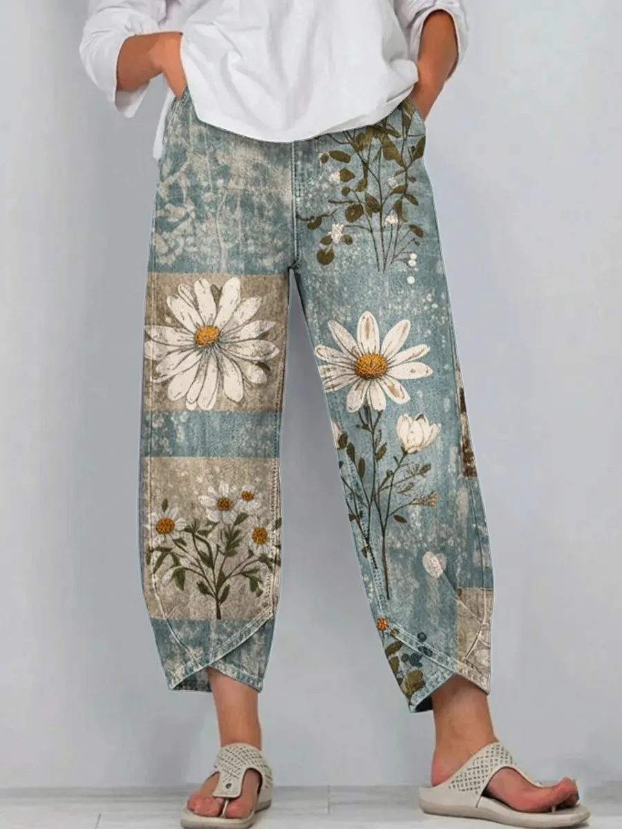 Ethnicity Bohemian Style Flowers Women's Art Pattern Print Casual Denim Cotton Pants