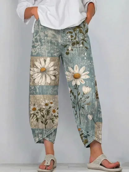Ethnicity Bohemian Style Flowers Women's Art Pattern Print Casual Denim Cotton Pants
