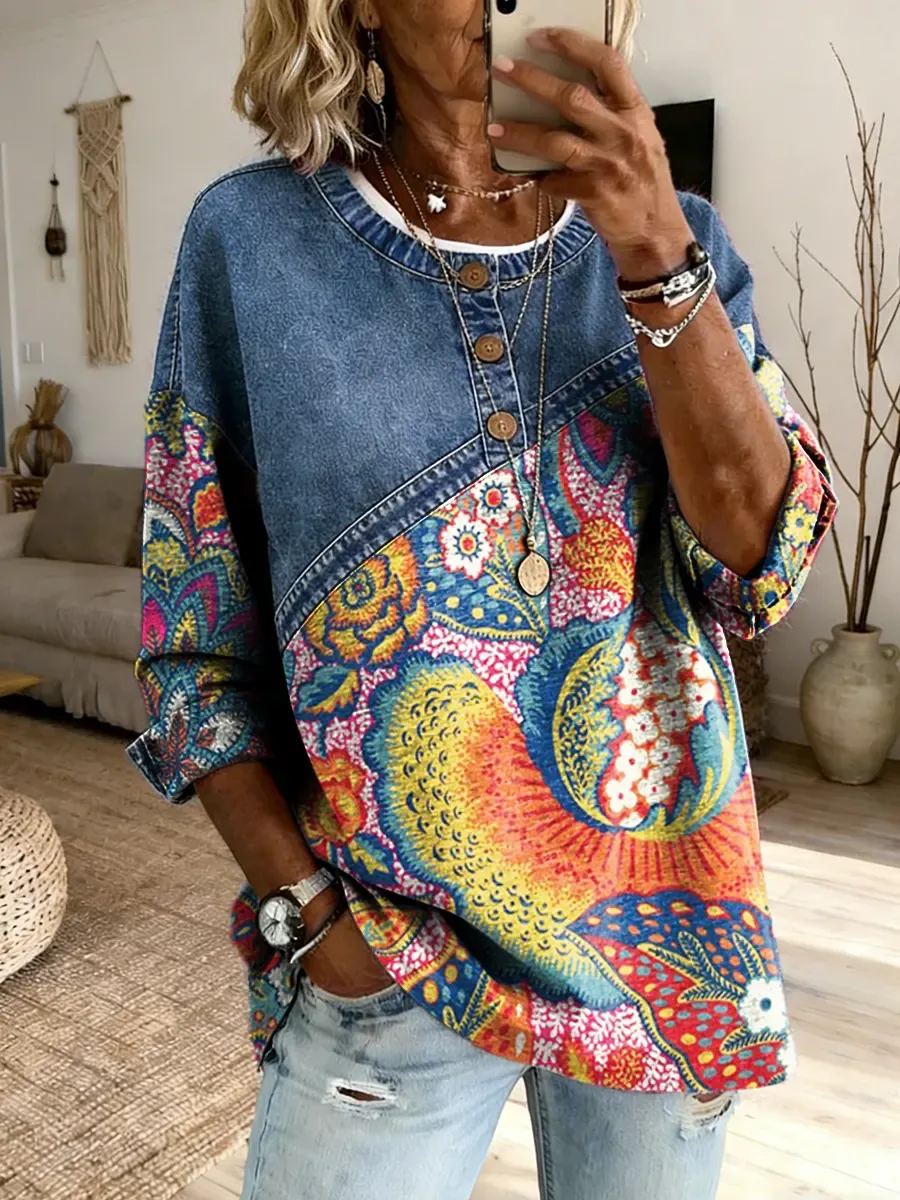 Women's Colorful Ethnic Floral Print Round Neck Button-down Denim Patc