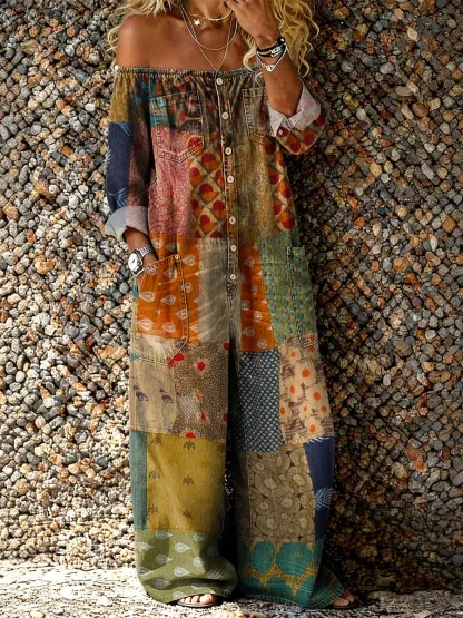 Women's Vintage Floral Print Artistic Casual Long-sleeve Washed Cotton Denim Dress