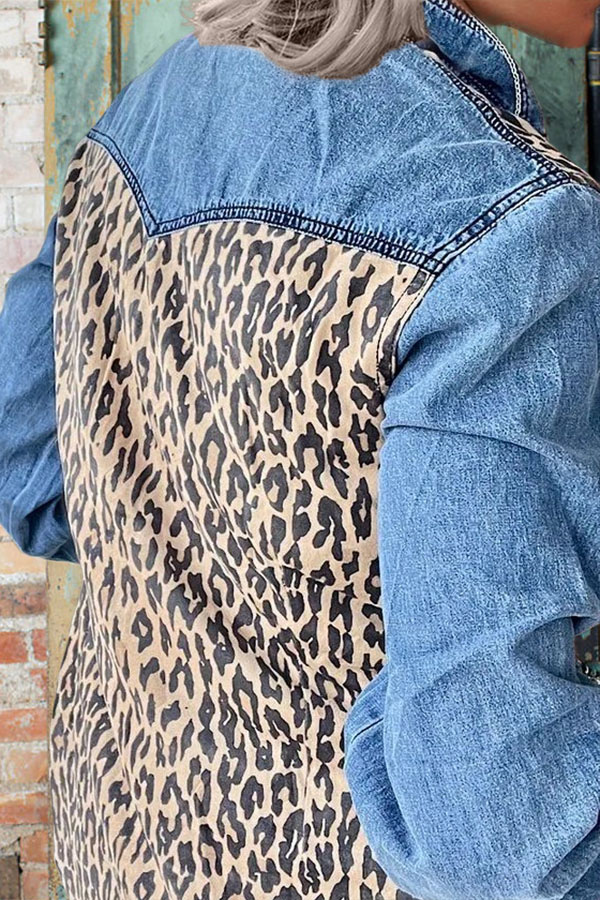 Leopard-print Panel Denim Top