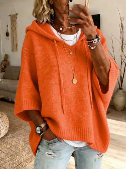 Women's Comfortable Drawstring Hooded Loose Knit Sweater