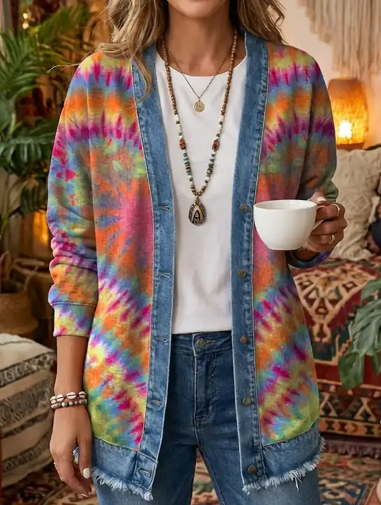 Ethnicity Colorful Tie Dye Love Women's Art Print Casual Long Sleeve Denim Patchwork Shirt Coat