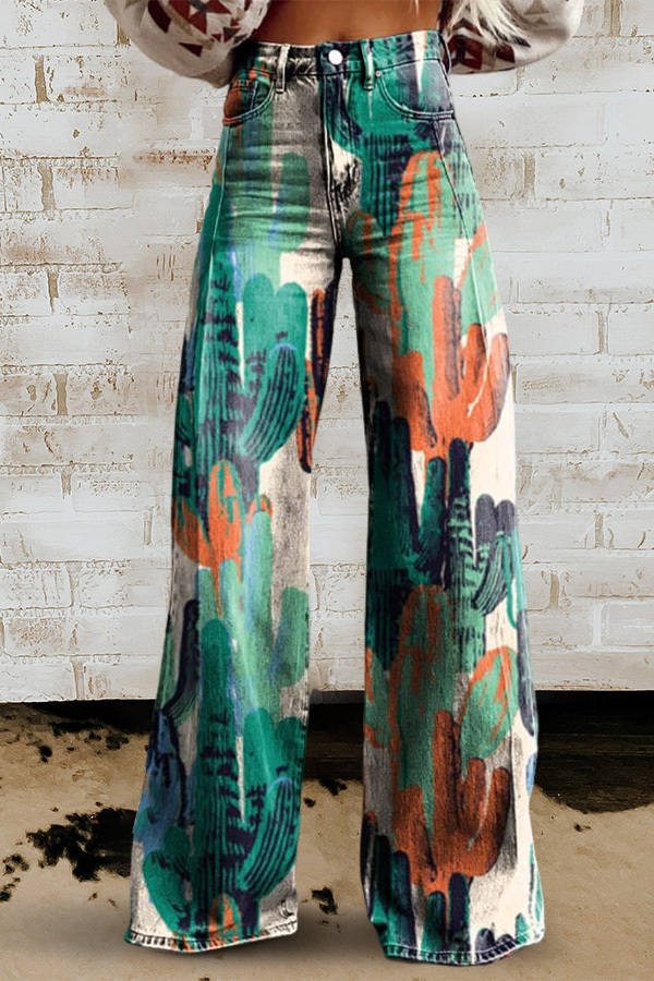 Women's pants | Cactus Print Casual Wide Leg Pants |Website-westernfeelings