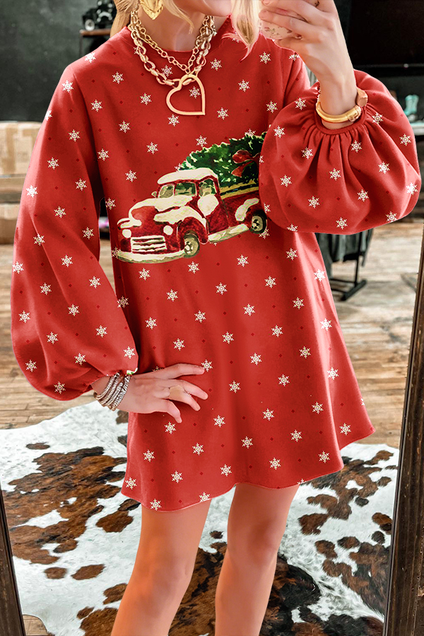 Christmas Tree Snowflake Puff Sleeve Sweatshirt Dress