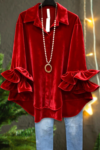 Classic Christmas Ruffle Velvet Blouse