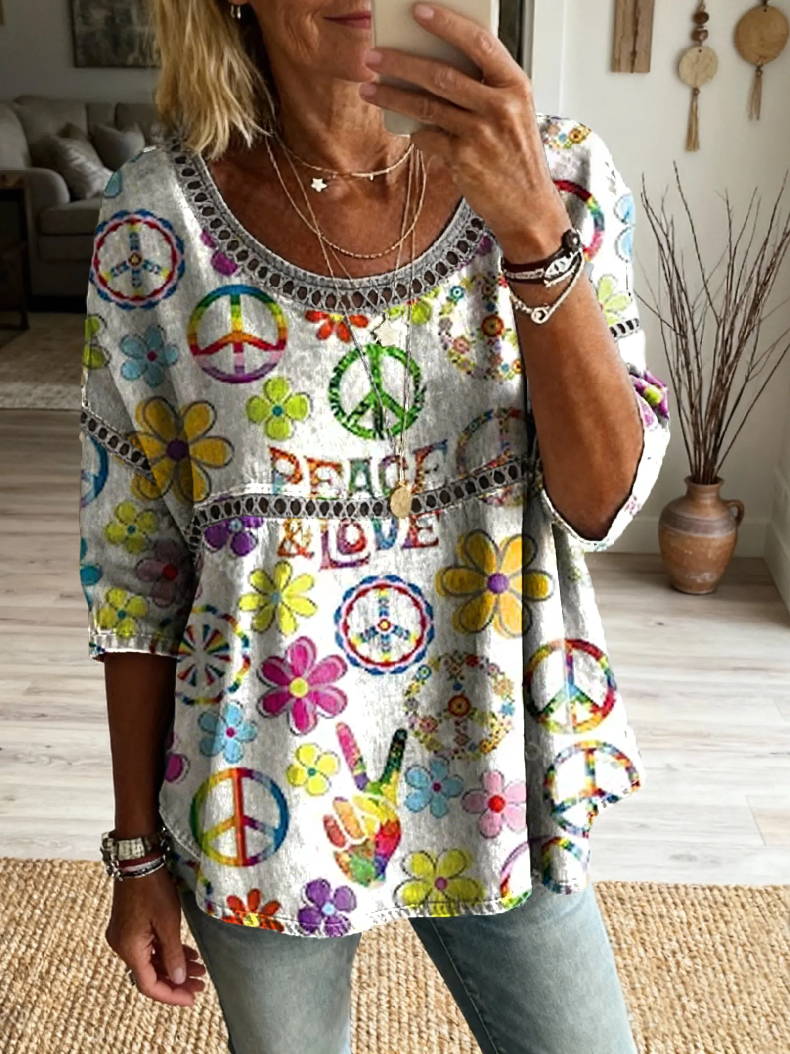 Women's Vintage Hippie Art Print Casual Round Neck Cutout Top